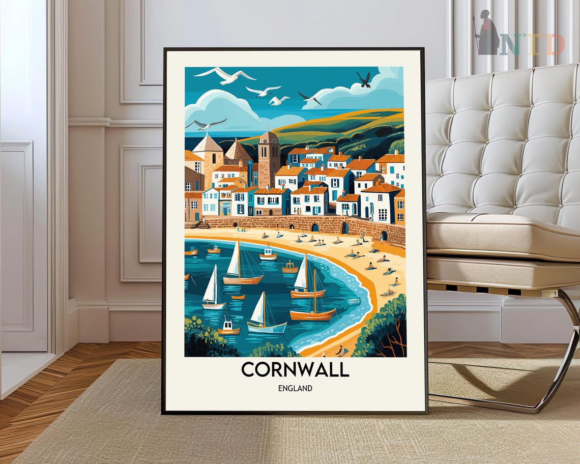 Cornwall Colorful Harbor Village with Sailboats and Seagulls Poster