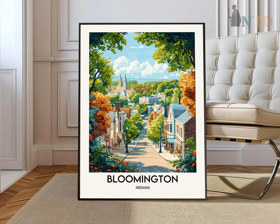 Bloomington Indiana Autumn Main Street Vintage Travel Poster