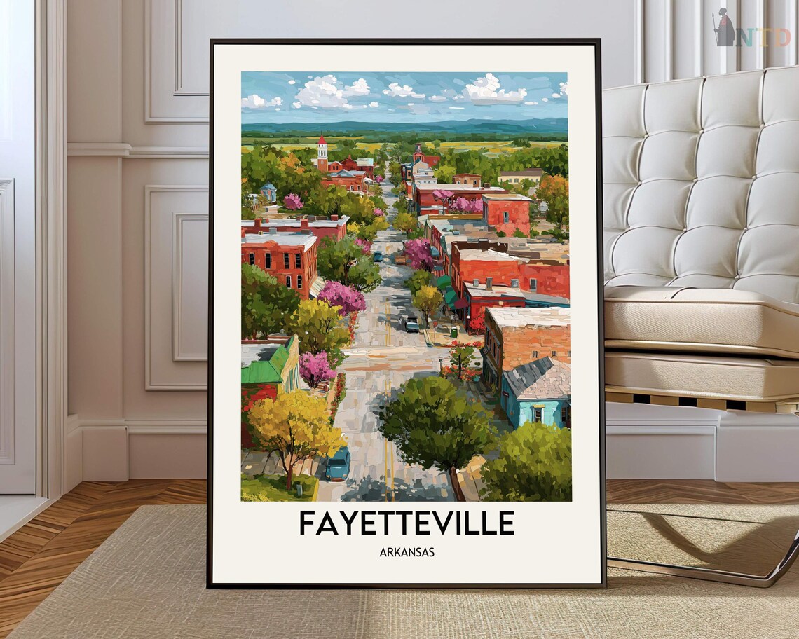 Fayetteville Arkansas Colorful Downtown Aerial View Travel Poster