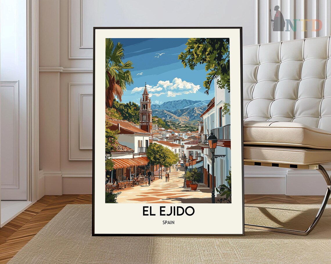 El Ejido Spain Sunny Old Town Street Church Tower Travel Poster