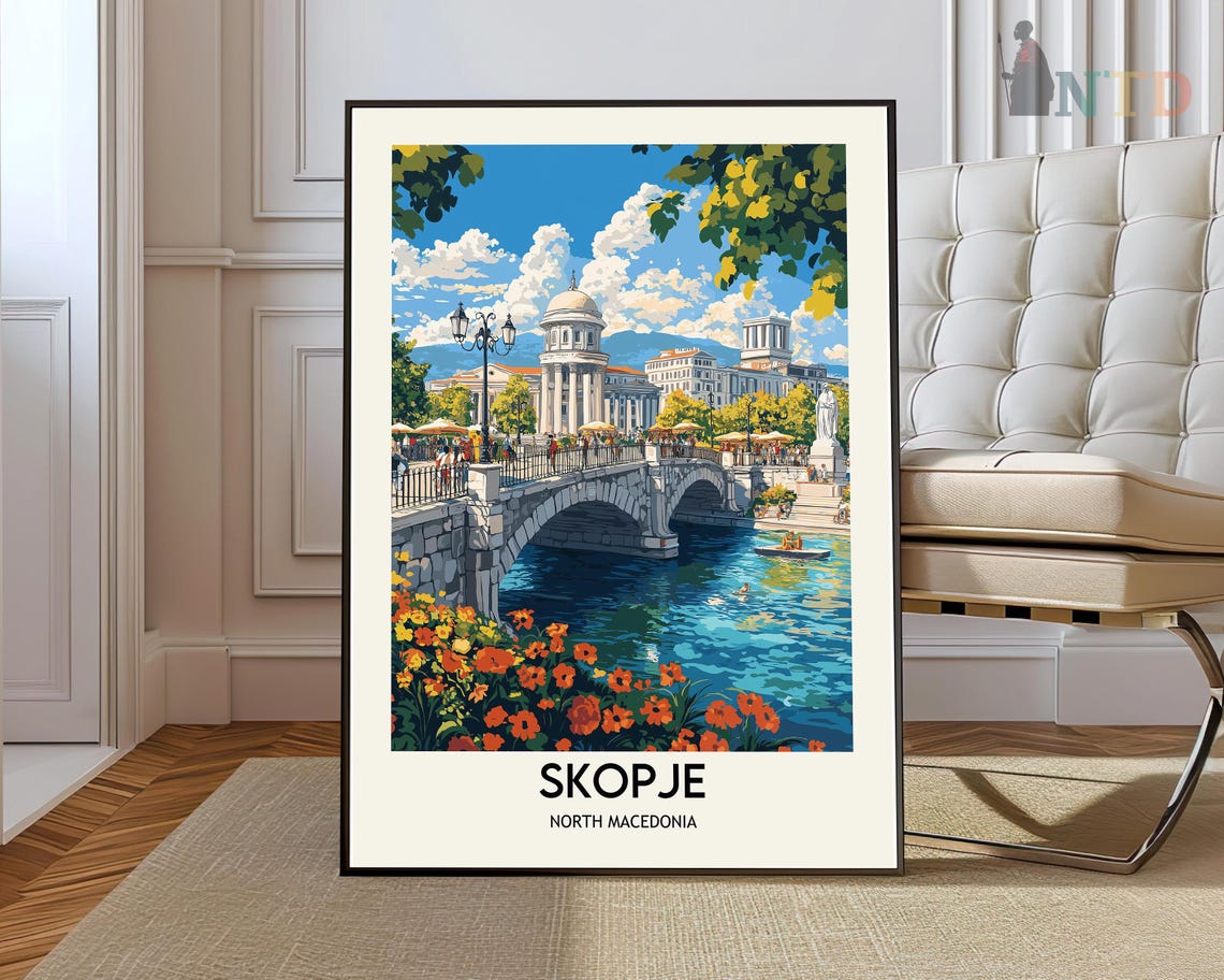 Skopje North Macedonia Stone Bridge Riverfront Old Town Travel Poster