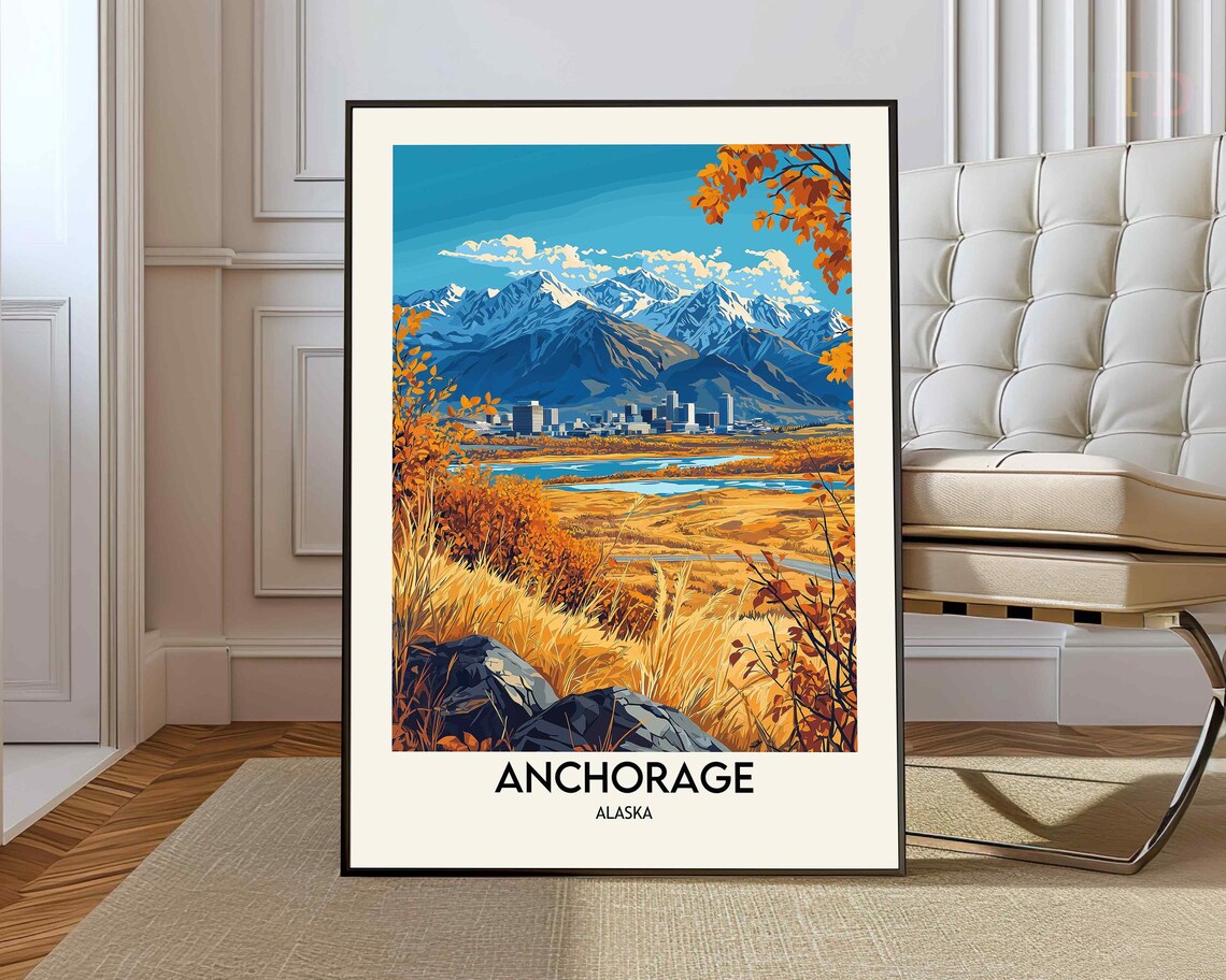 Anchorage Alaska Autumn Tundra Skyline Snowy Peaks Travel Poster