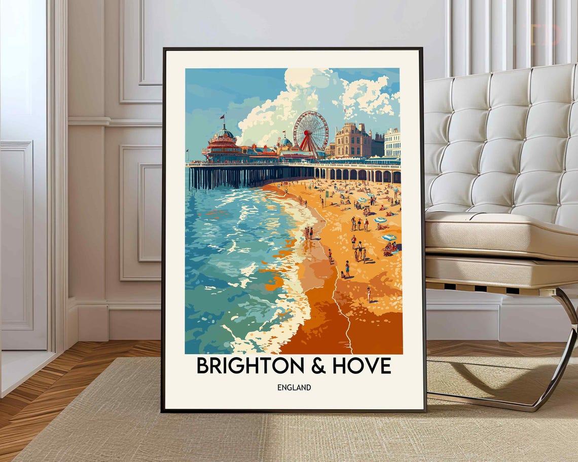 Brighton and Hove Pier Beach Summer England Seaside Travel Poster