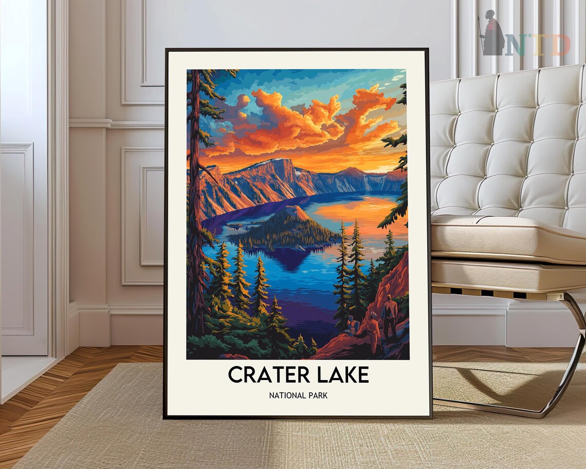 Crater Lake National Park Oregon Sunset Vintage Travel Poster