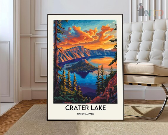 Crater Lake National Park Oregon Sunset Vintage Travel Poster