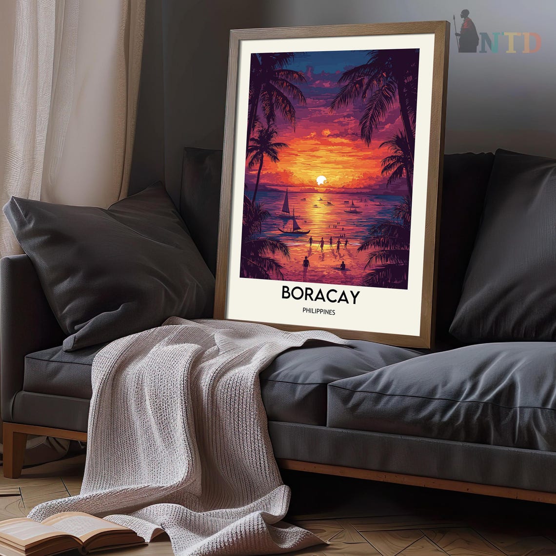 Boracay Philippines Golden Sunset Beachgoers Palm Framed Poster - Image 3
