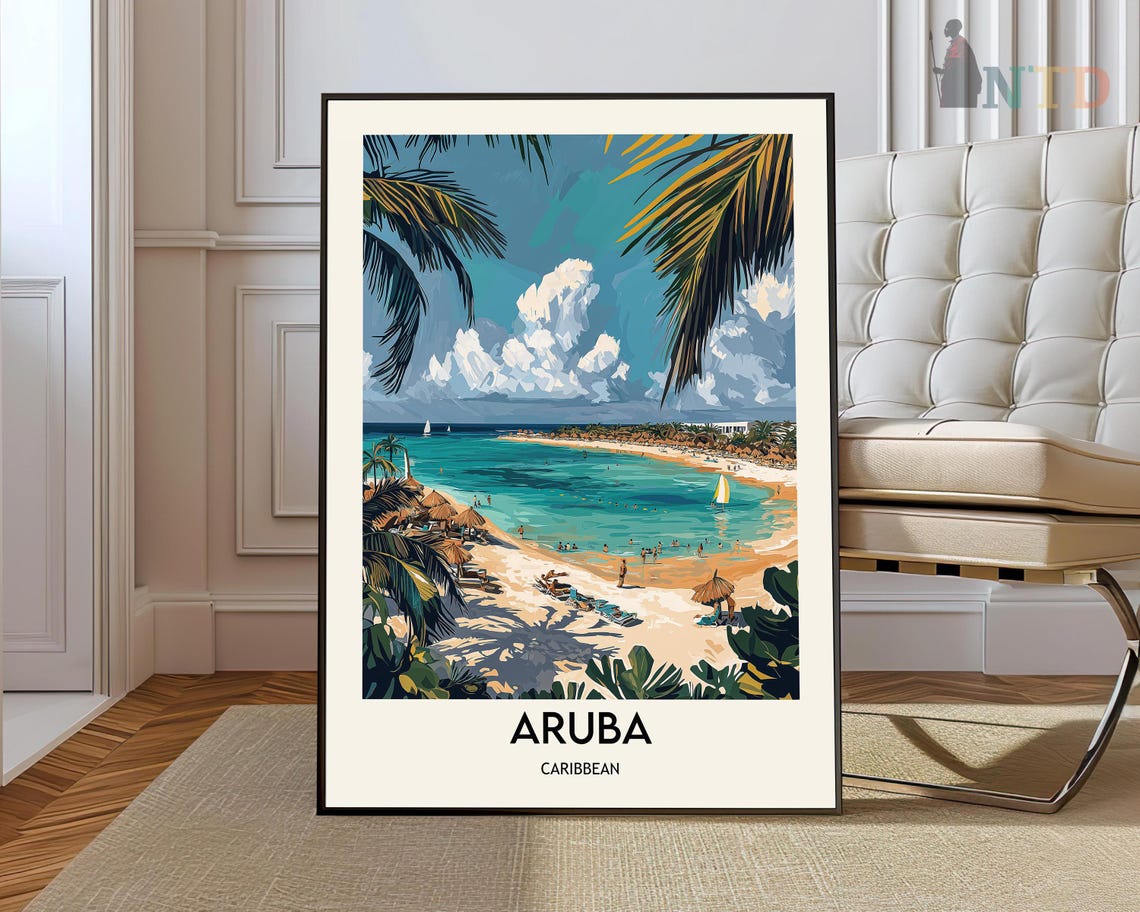 Aruba Caribbean Curved Bay Beach Palm Trees Tropical Travel Poster
