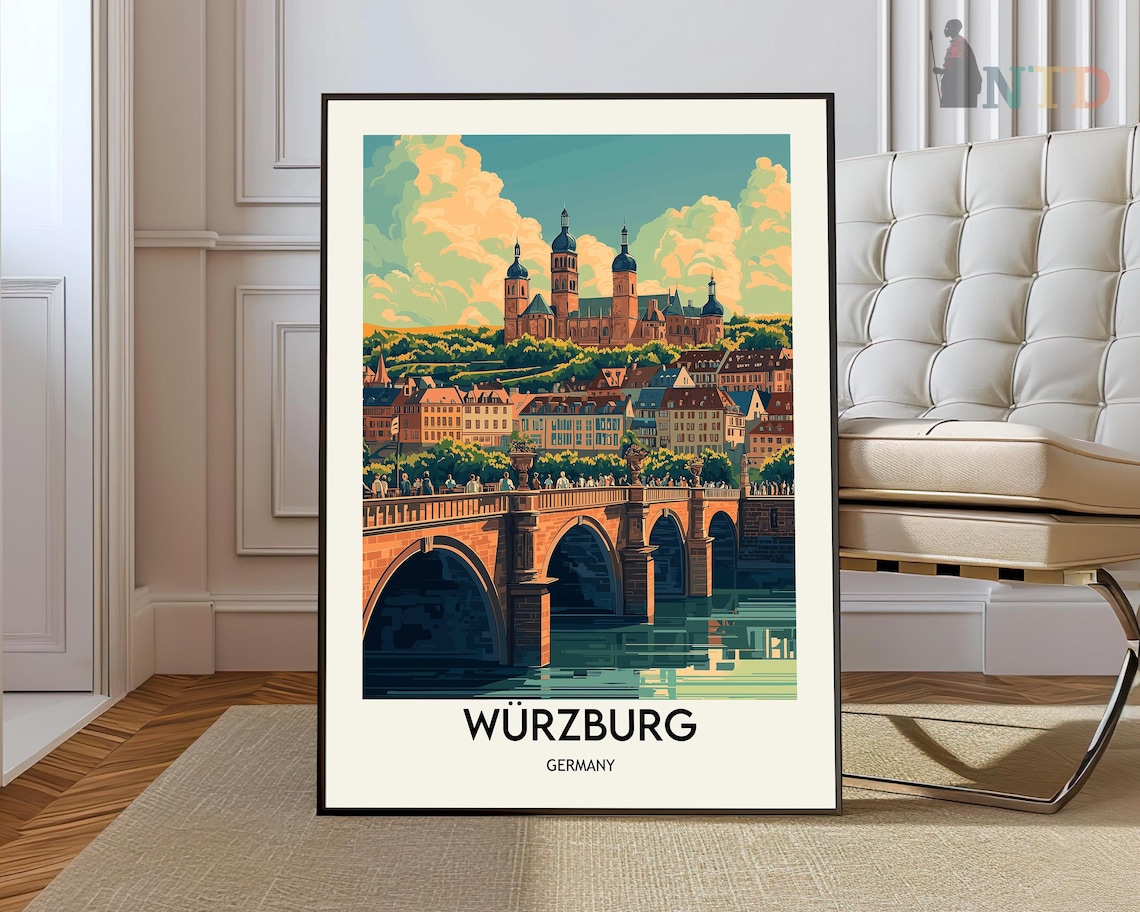 Wurzburg Germany City Old Bridge Cathedral Vintage Travel Poster