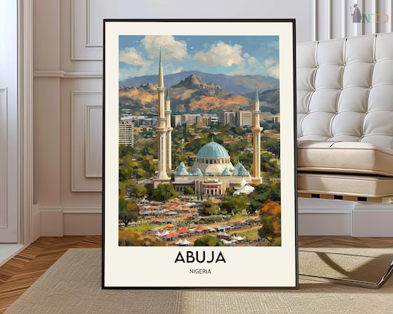 Abuja Nigeria Twin Minaret Mosque Bustling Market Scene Poster
