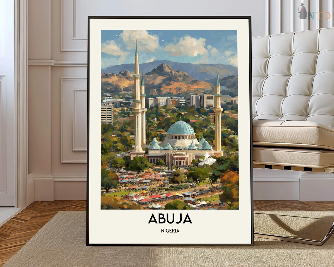 Abuja Nigeria Twin Minaret Mosque Bustling Market Scene Poster