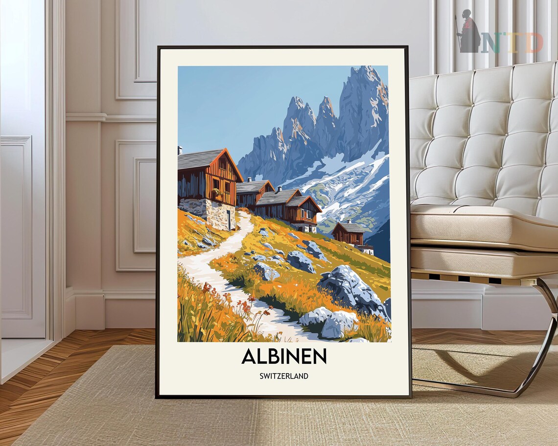Albinen Switzerland Alpine Chalets Mountain Vintage Travel Poster