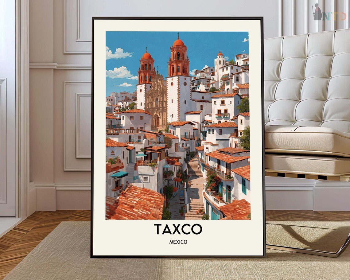 Taxco Mexico Colonial Hillside Town Church Towers Travel Poster