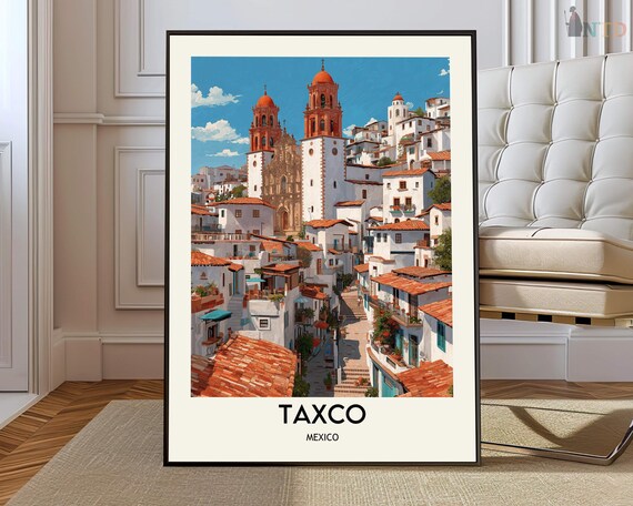Taxco Mexico Colonial Hillside Town Church Towers Travel Poster
