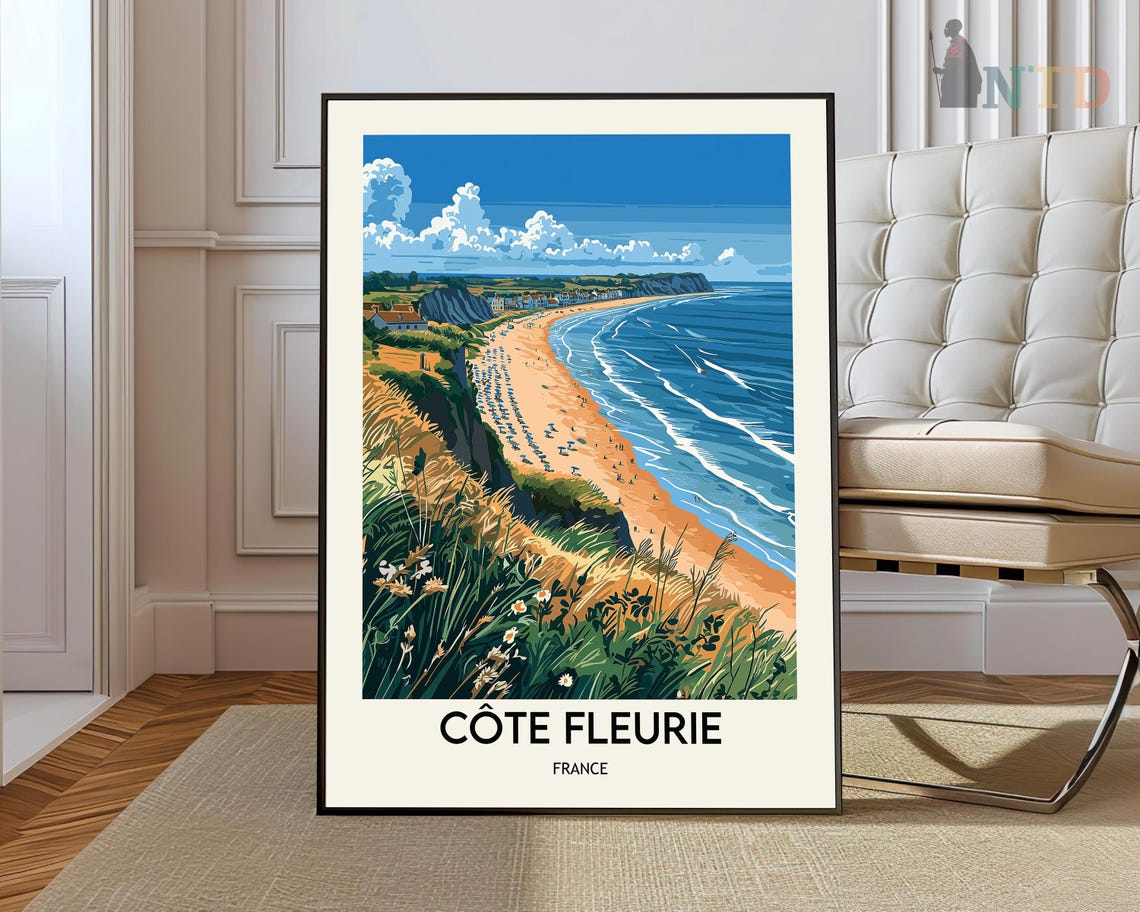 Cote Fleurie France Sandy Bay Cliffs Overlook Vintage Travel Poster
