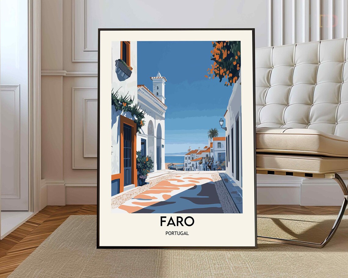 Faro Portugal Old Town Street Illustrated Retro Travel Poster