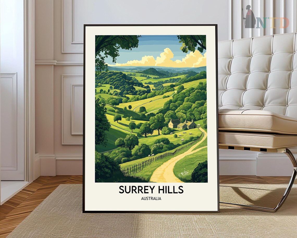 Surrey Hills Australia Rolling Green Countryside Travel Poster