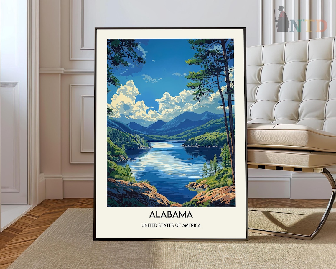 Scenic Alabama Mountain Lake Landscape Travel Art Poster With Blue Sky