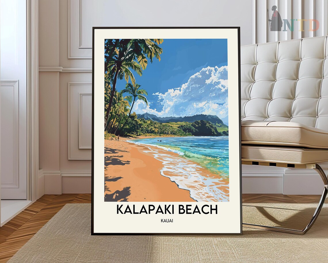 Kalapaki Beach Kauai Hawaii Travel Poster with Palm Trees Waves