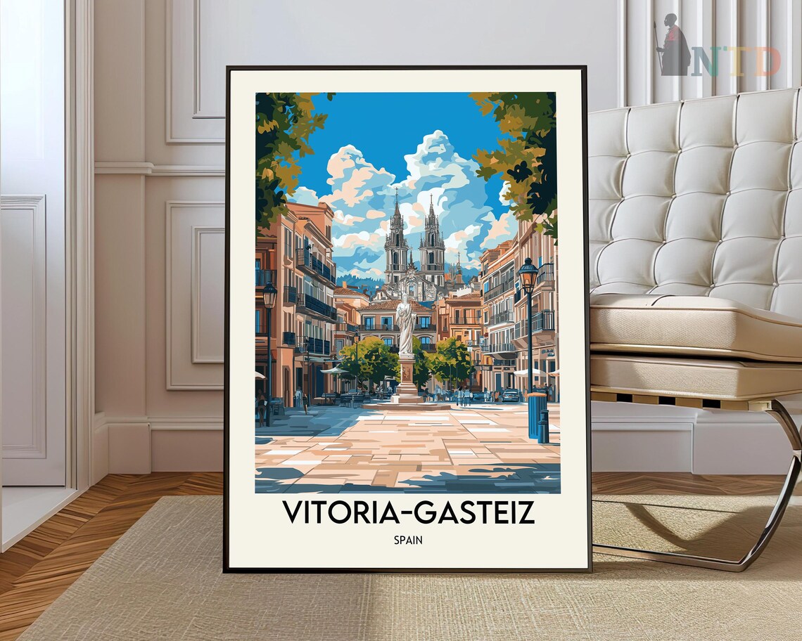 Vitoria-Gasteiz Spain Retro Travel Poster Cathedral Plaza Art