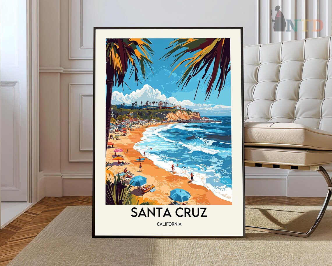 Santa Cruz California Surf Beach Palm Retro Coastal Travel Poster