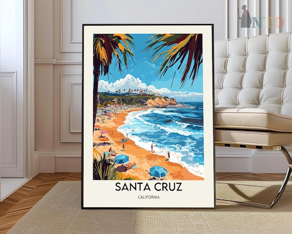Santa Cruz California Surf Beach Palm Retro Coastal Travel Poster