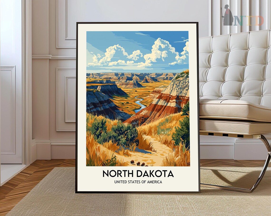 North Dakota Badlands Bison Grazing Trail Scenic Travel Poster