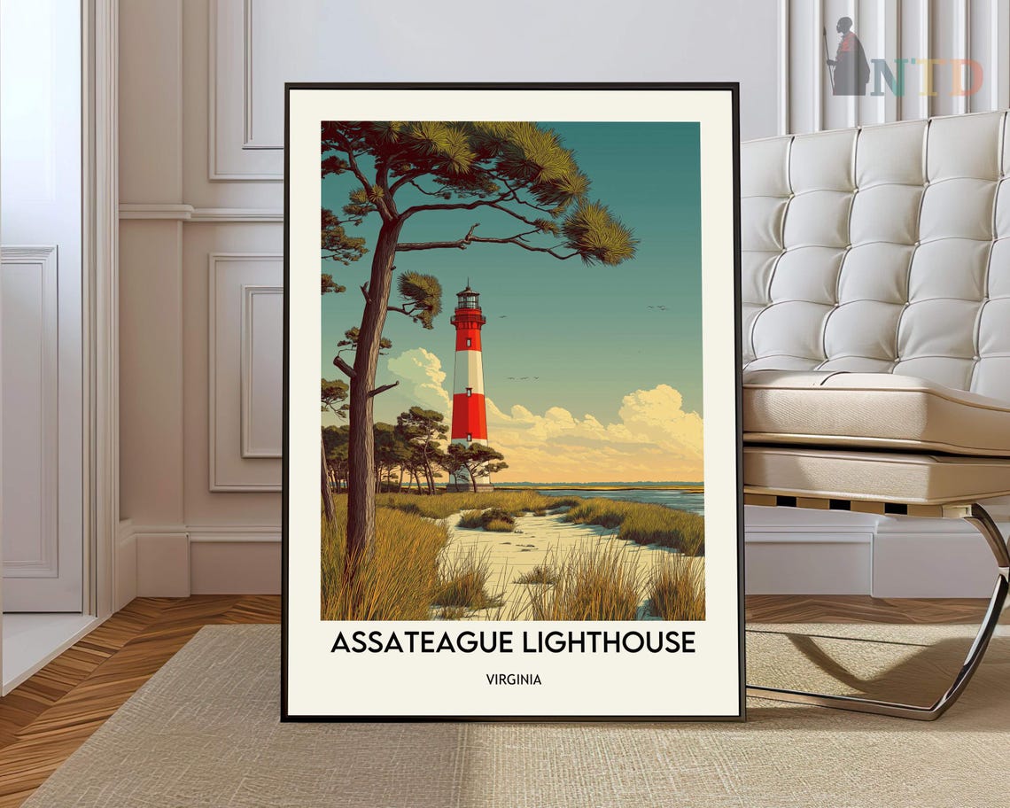 Assateague Lighthouse Virginia Dunes Vintage Retro Travel Poster
