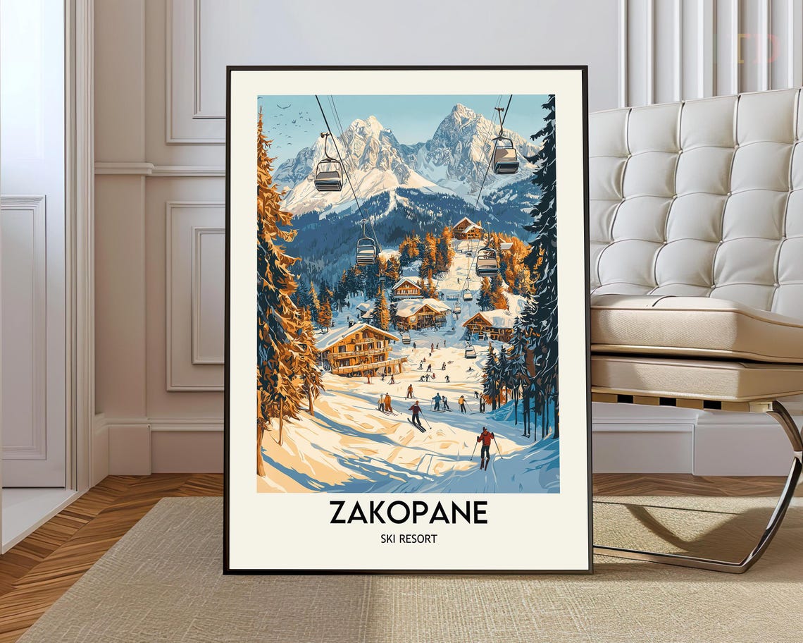 Zakopane Ski Resort Golden Gondolas Alpine Village Travel Poster