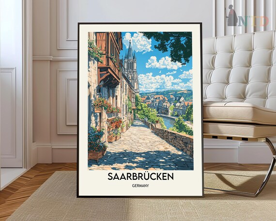 Saarbrücken Germany Old Town Street Riverside Vintage Travel Poster