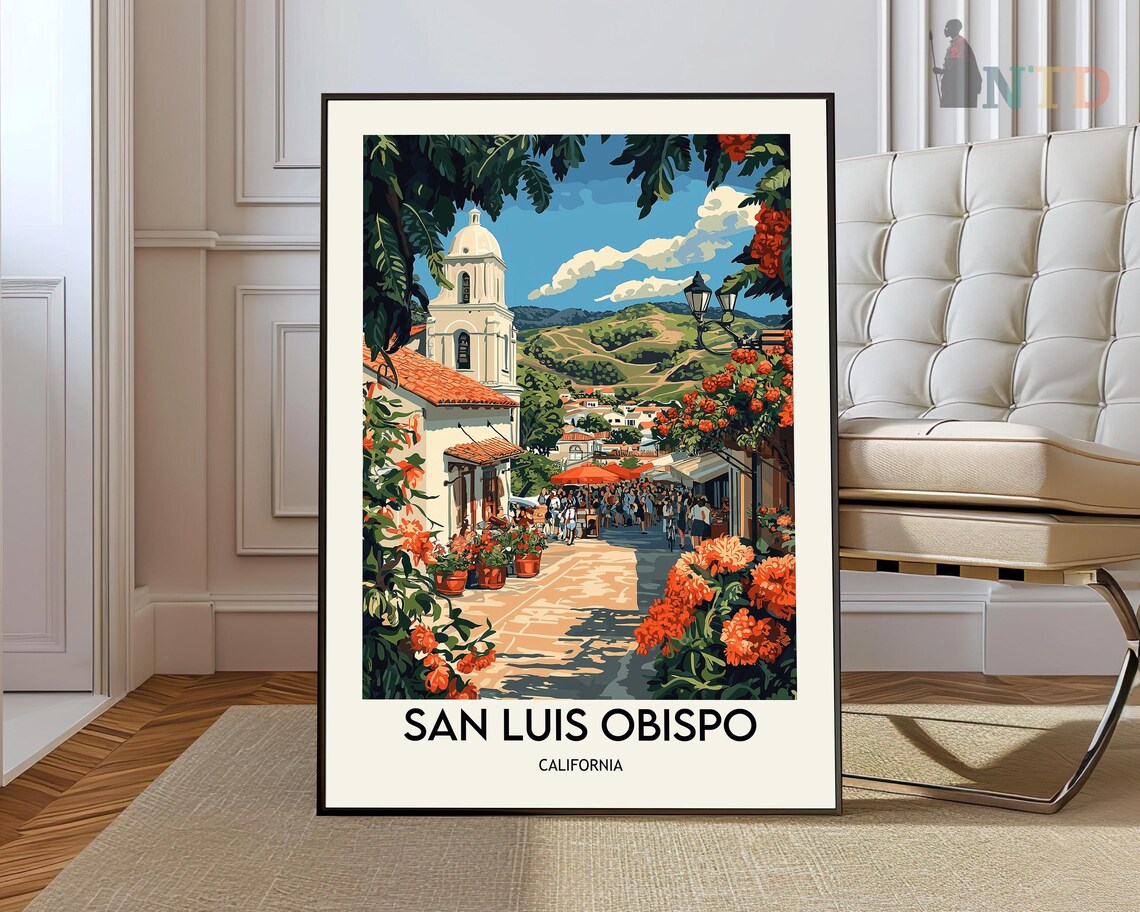 San Luis Obispo California Bougainvillea Street Vintage Scene Poster