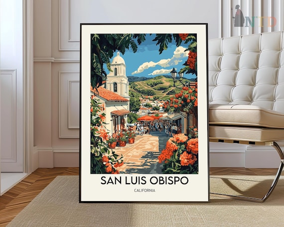 San Luis Obispo California Bougainvillea Street Vintage Scene Poster