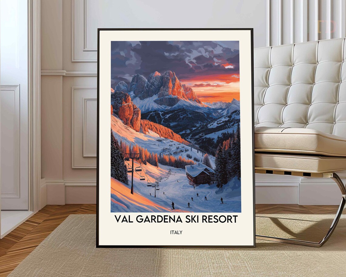 Val Gardena Ski Resort Italy Alpenglow Peaks Vintage Ski Travel Poster