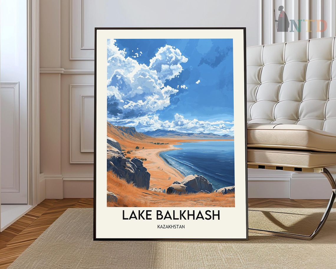 Lake Balkhash Kazakhstan Golden Shore Blue Water Travel Poster