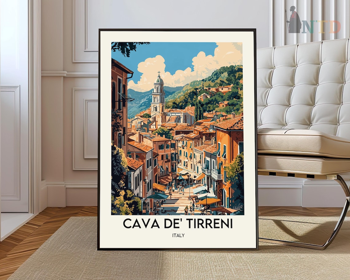 Cava de' Tirreni Italy Travel Poster Bell Tower Street Scene Art