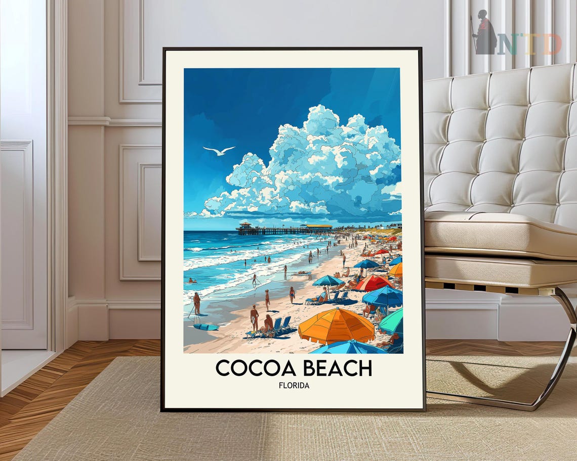 Cocoa Beach Florida Fishing Pier Vintage Beach Travel Art Poster