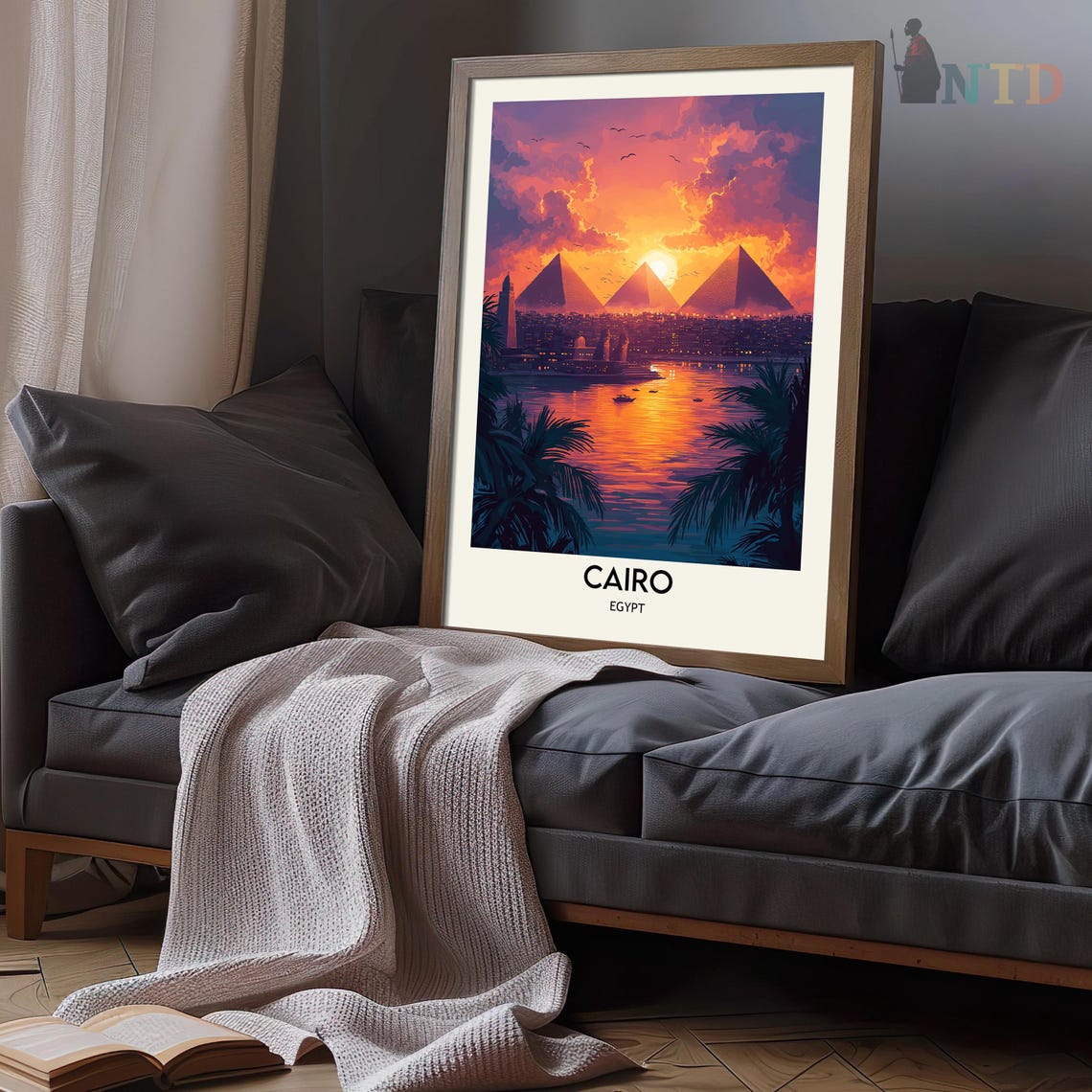 Cairo Pyramids at Dusk Framed by Palm Trees Over the River Poster - Image 3