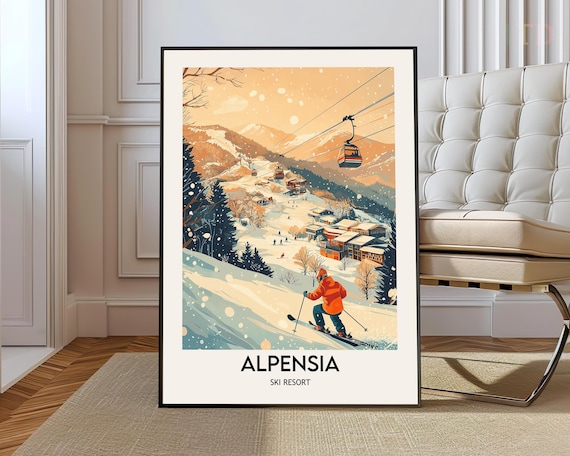 Alpensia Ski Resort South Korea Gondolas Sunset Vintage Travel Poster