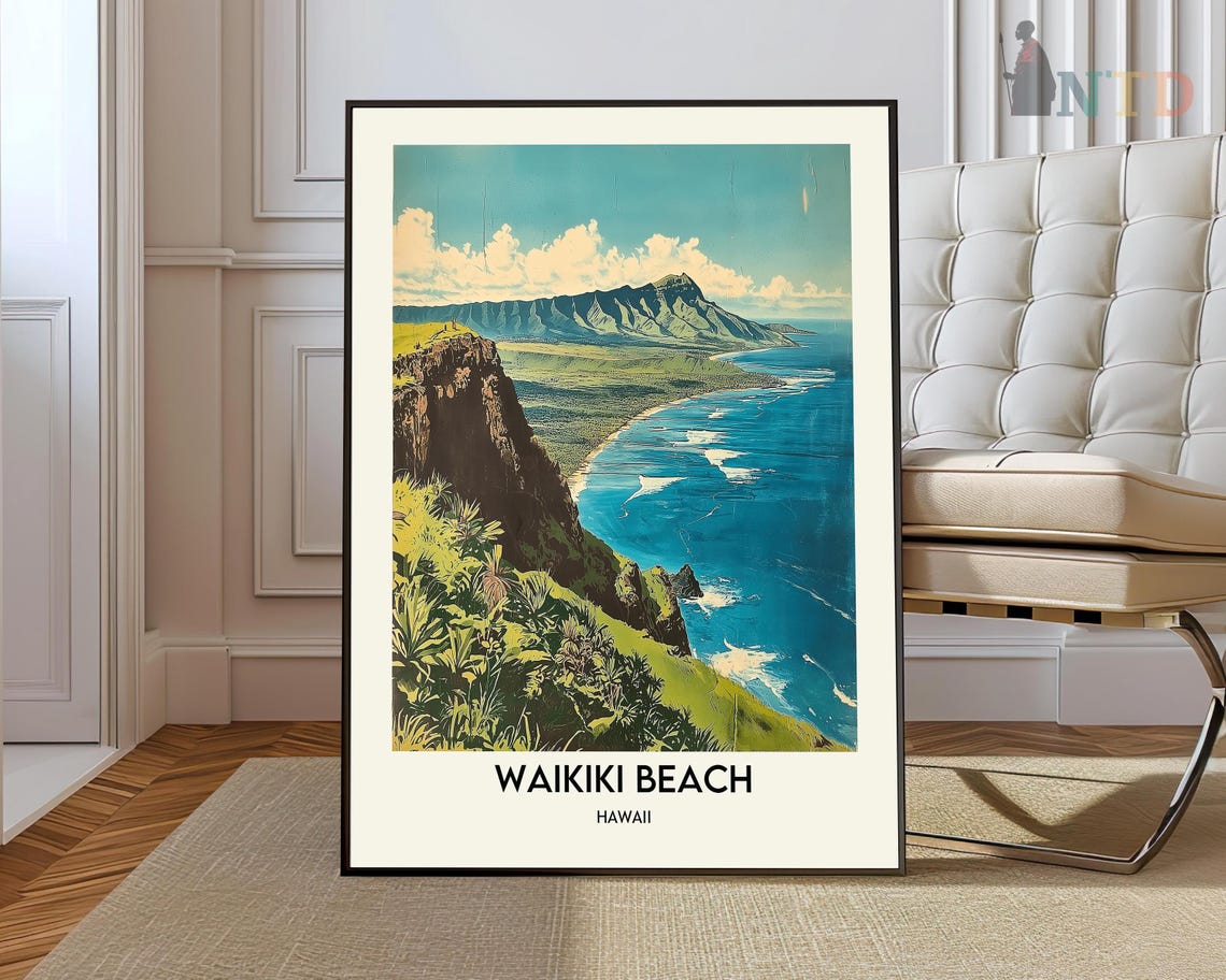 Waikiki Beach Hawaii Rocky Cliffs Coastal Daytime Travel Poster