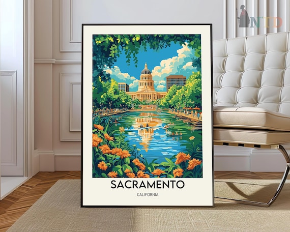 Sacramento California Capitol Retro Style Illustrated Travel Poster