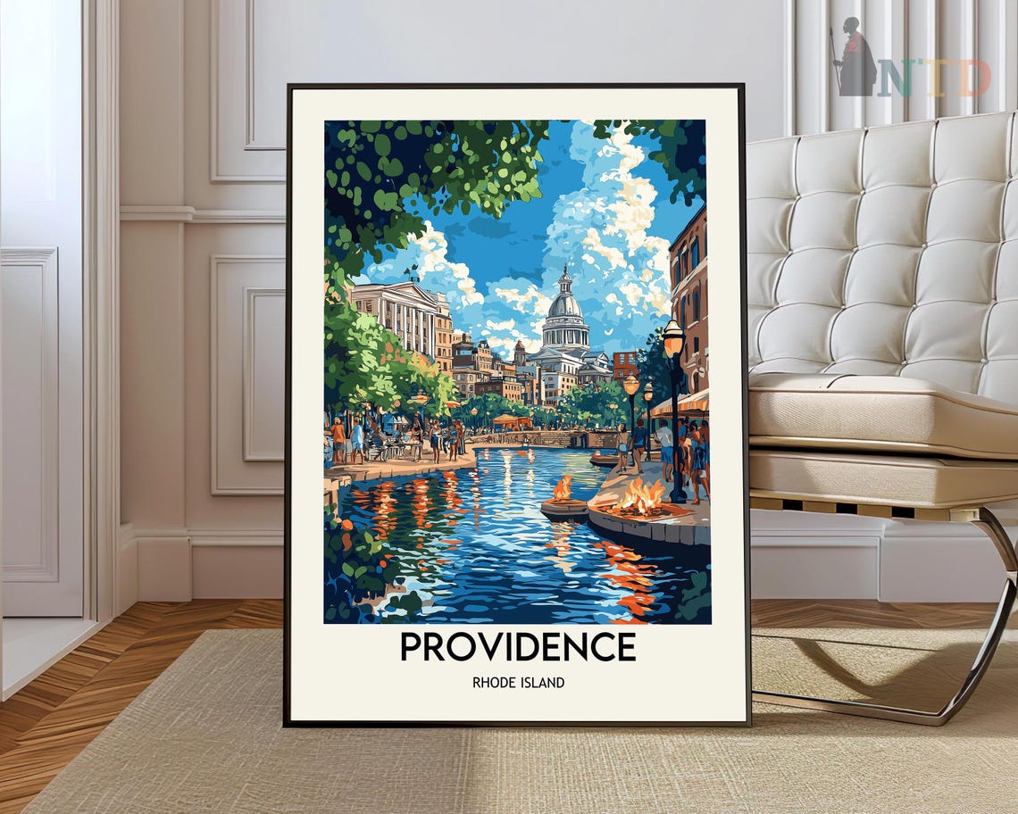 Providence Rhode Island WaterFire River Sunset Travel Poster