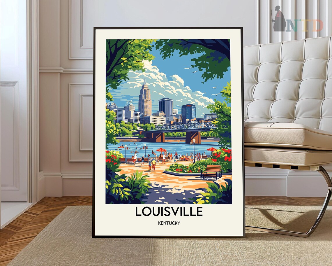 Louisville Kentucky Riverfront Park Skyline Bridge Vintage Travel Poster