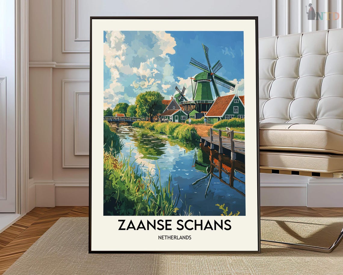 Zaanse Schans Windmills Canal Reflection Village Travel Poster