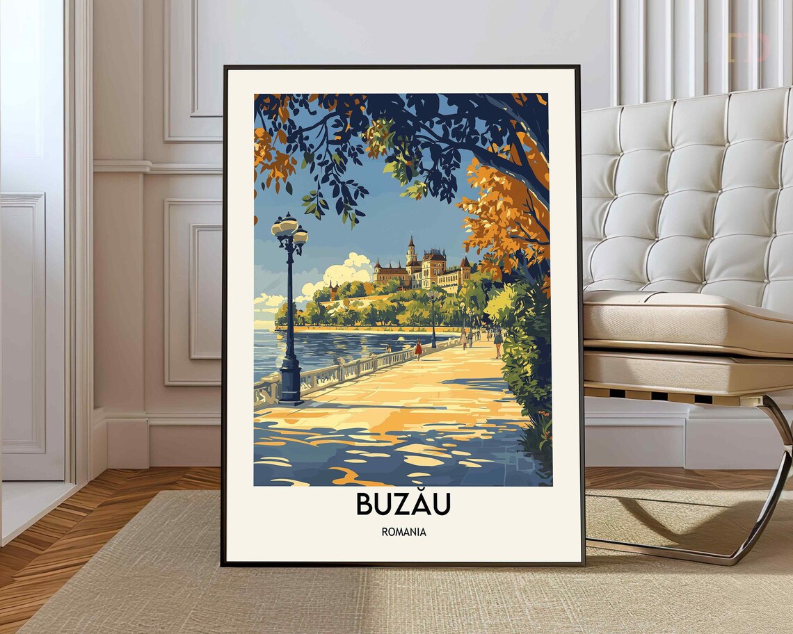 Buzau Romania Riverside Promenade Vintage Style Travel Poster
