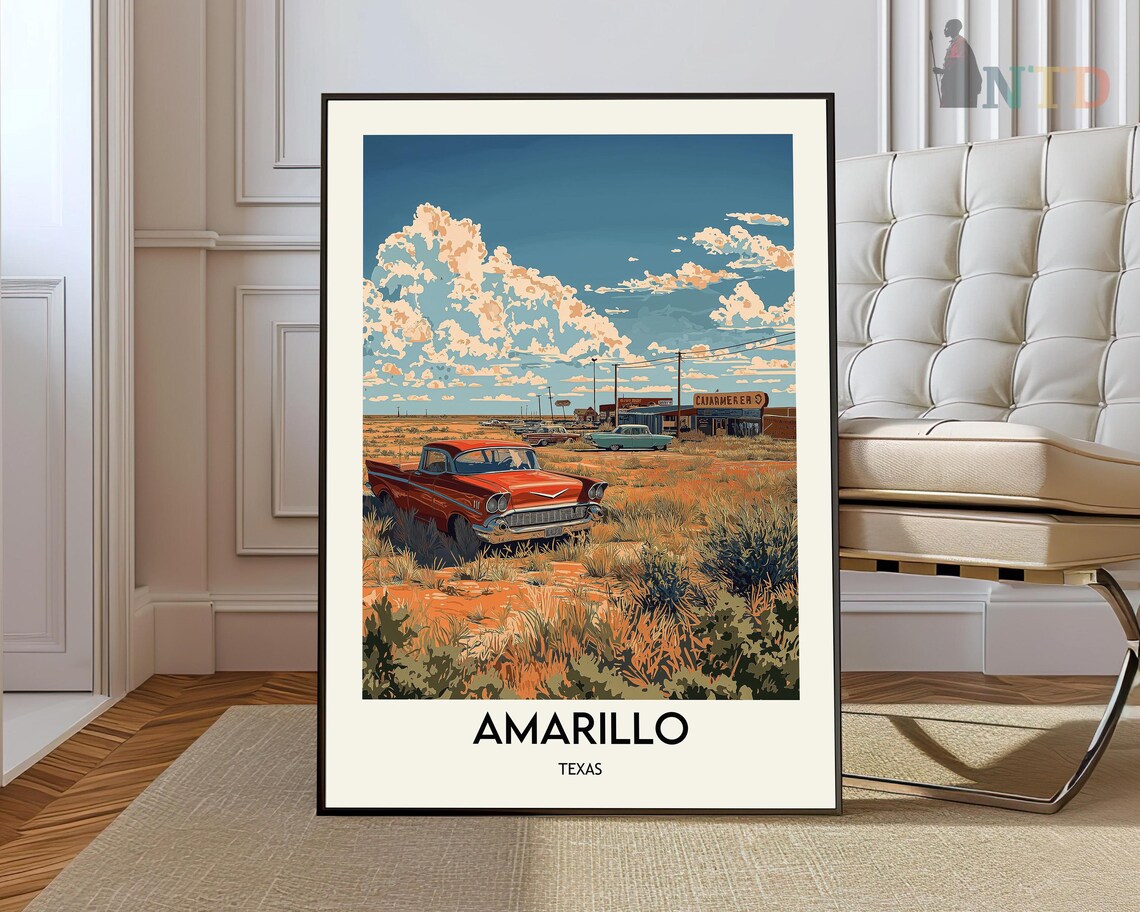 Amarillo Texas Route 66 Desert Classic Cars Vintage Travel Poster