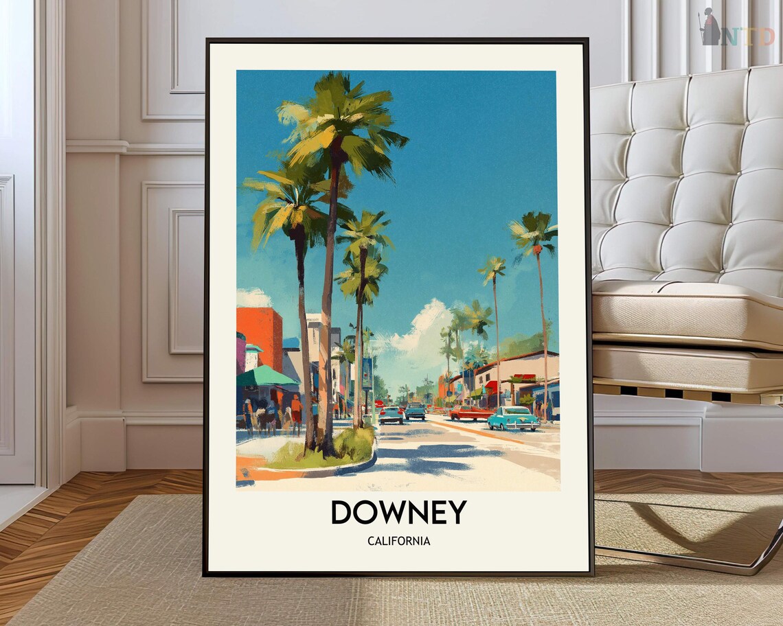 Downey California Downtown Main Street Classic Cars Travel Poster