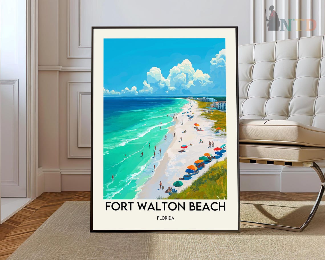 Fort Walton Beach Florida Beach Aerial Vintage Style Travel Poster