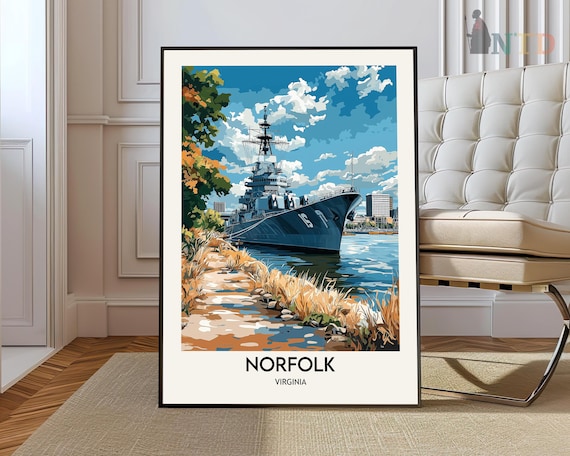 Norfolk Virginia Harbor Historic Battleship Waterfront Travel Poster