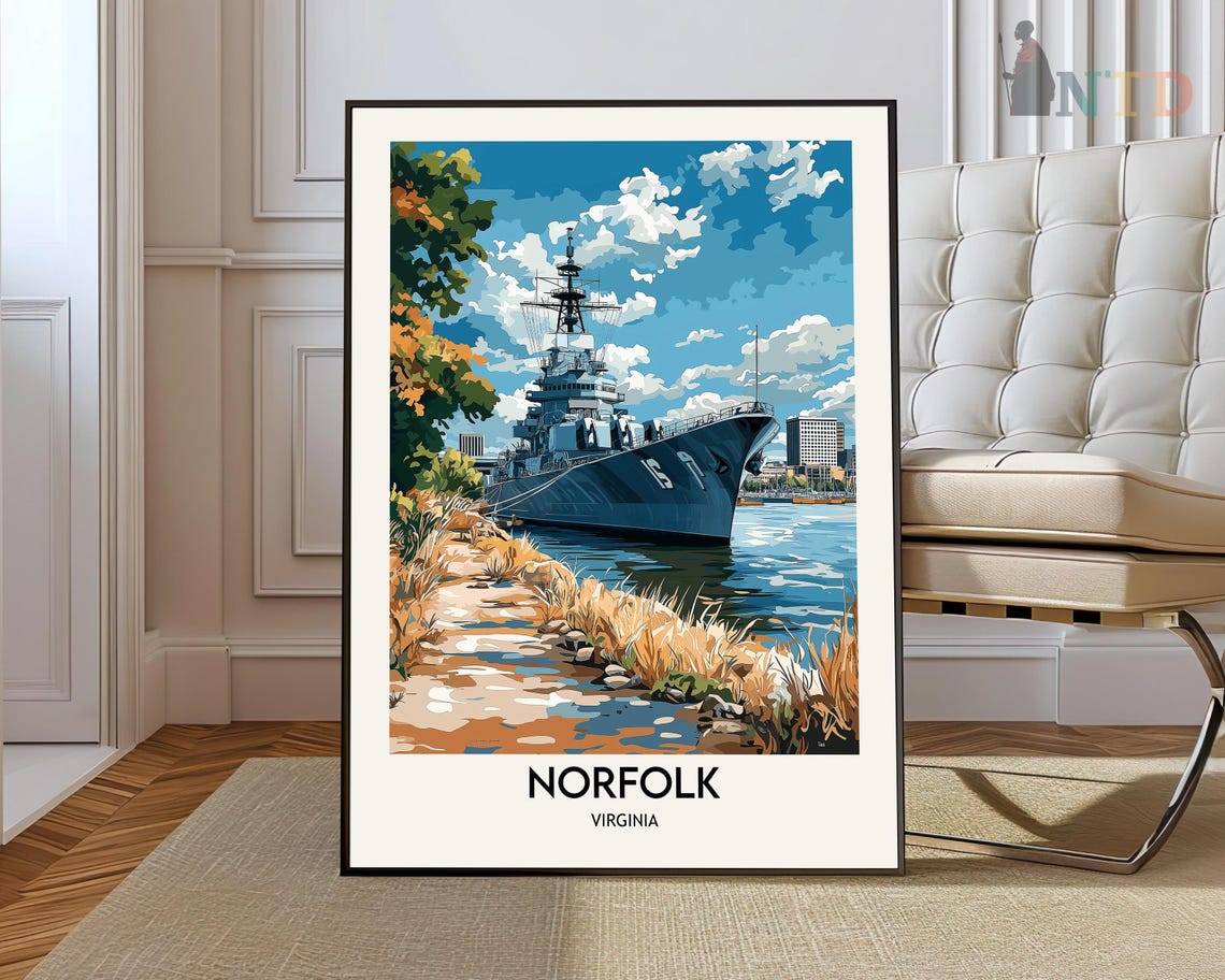 Norfolk Virginia Harbor Historic Battleship Waterfront Travel Poster