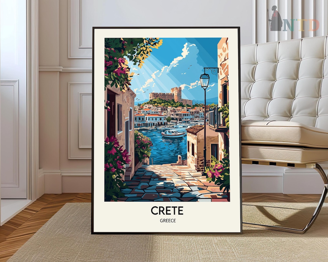 Crete Coastal Village Street with Colorful Boats in the Harbor Poster