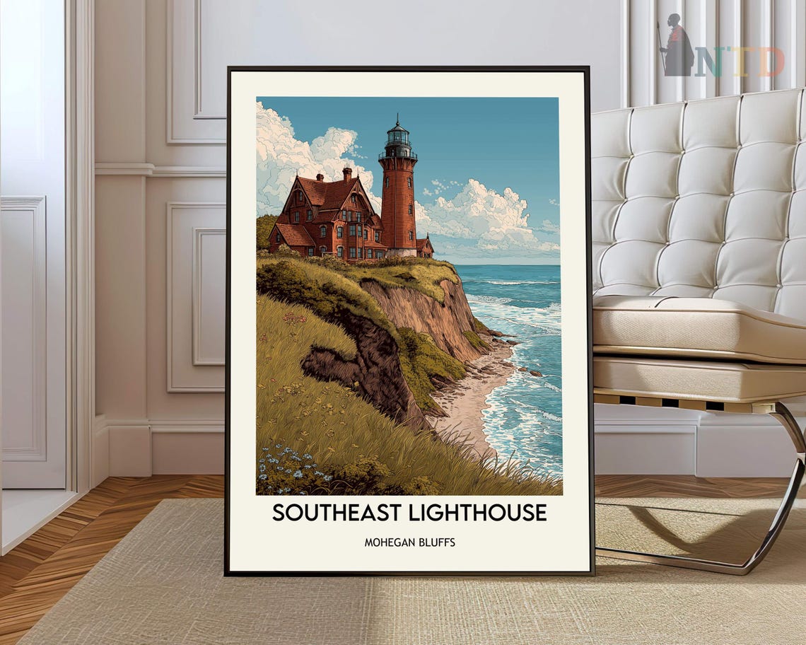 Southeast Lighthouse Mohegan Bluffs Beach Vintage Travel Wall Art